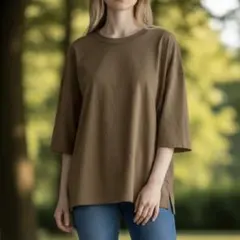 美品 ジーユー GU Ｔシャツ（L）ベージュ 五分袖 クルーネック