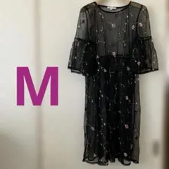 シースルーワンピース 花柄刺繍フリル袖 パーティー結婚式 Mサイズ