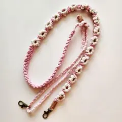 マクラメ花編みショルダー&スマホストラップ「白とアッシュローズとベビーピンク」