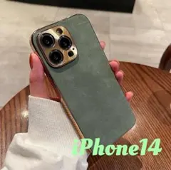 A457iPhone14ケースグリーンラムレザービンテージ調韓国本体保護カーキ