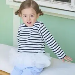 《未使用》petit main ボーダーペプラム長袖Tシャツ 紺 90cm