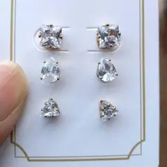 №623　キュービックジルコニアピアス3セット　ハンドメイド