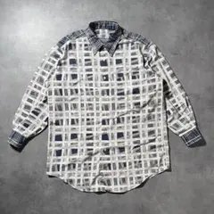 ヴィンテージ 総柄シャツ 長袖 抽象柄 幾何学 紺 グレー アート レトロ 古着