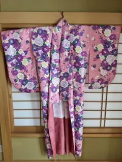 限定値下げ　ポリエステル　二尺袖　袴　着物　花柄　ピンク　卒業式