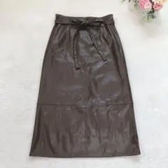 スープ レザースカート ロング ウエストリボン シンプル カジュアル 可愛い 茶