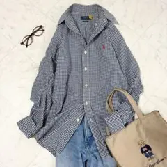 現行【ラルフローレン】コットンシャツ　ギンガムチェック　ポニー刺繍　紺　白　QR