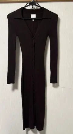 H &M 襟付きリブニットロングワンピース ブラウン
