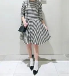 【美品】IENA イエナ ミラノリブフレアワンピース ボーダー 七分袖 Aライン