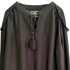 オメカシ Omekashi レース ブラウス シャツ タッセル 麻 黒 美品春夏