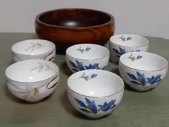 深山窯　保谷謹製　蘭　湯呑み茶碗6客＋漆塗り菓子鉢　7点セット
