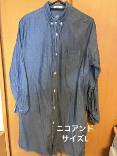 デニムブルー ドット柄 長袖シャツワンピース