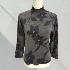 花柄 シアー風 長袖トップス 韓国製 黒 上品 ハイネック 春秋