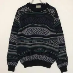 レトロ 国産古着 立体 3Ｄボーダー ジャガード 総柄 ニットセーター