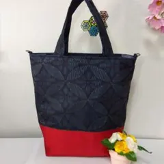 大島紬リメイクバック　底赤帯No.2 ファスナー開閉　ショルダー紐付き