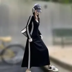 韓国サイドライン マキシ丈ワンピース 黒 スポーツM