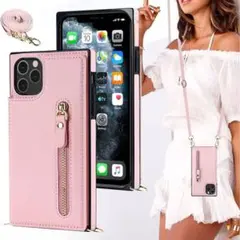 iPhone 11 ケース ショルダー ストラップ 背面 フリップ 手帳型ピンク