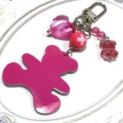 本革 エナメル クマ くま(๑・㉨・๑) バッグチャーム キーホルダー ピンク