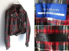 バーバリーブルーレーベル シワ加工 チェック ウール ダブルライダースジャケット