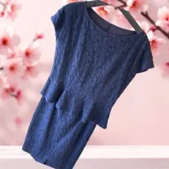 美品　格安　セットアップ　ネイビー レース ペプラム 半袖ワンピース