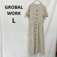 フレンチリネン▶半袖ロングワンピース ベージュ Vネック Lのサムネイル