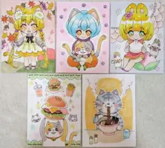 手描きイラスト　ミニイラスト　原画　5枚まとめ売り