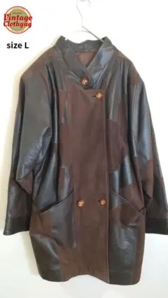 パッチワーク レザージャケット L ブラウン 黒 肩パッド 刺繍 古着