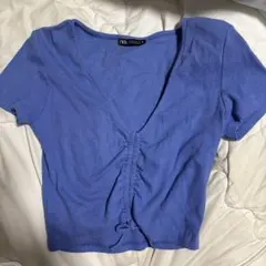 Vネック フロントギャザー ブルーTシャツ