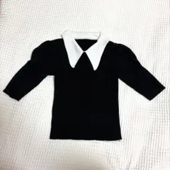 襟付き パフスリーブ ニット ブラック L