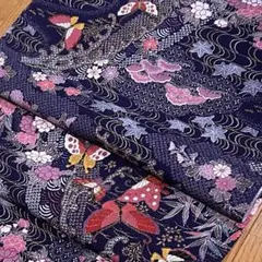 2564⭐︎正絹⭐︎鬼絞り縮緬⭐︎濃い紫色⭐︎流水花蝶文⭐︎金彩⭐︎ハギレ　36×166