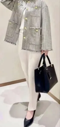 【美品】PLST ツイードノーカラージャケット 金ボタン セレモニー フリンジ