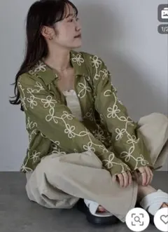 新品未使用　エフカソポ　コード刺繍襟付きカーディガン　グリーン　カーディガン