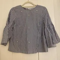 ZARA BASIC ストライプ柄 五分袖シャツ S パール