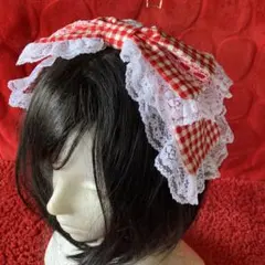 【レッドチェック×ホワイト】リボンカチューシャ【手作り】