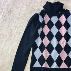 ミッシェルクラン タートルネックニット 38 ブラック アーガイル柄 2way