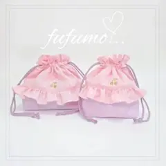 お弁当袋、コップ袋セット＊ピンクドットパープル