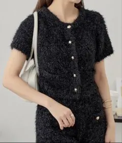 【セットアップ対応】ラメシャギー金釦コンパクトカーディガン