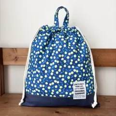蛍光チェリーブルーデニム　体操服入れ　ハンドメイド