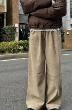 【男女兼用】コーデュロイ ベージュ ワイドタックパンツ