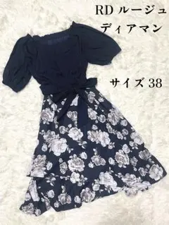 RD ルージュ ディアマンの花柄フレア 素材切り替えワンピース 腰リボン付き
