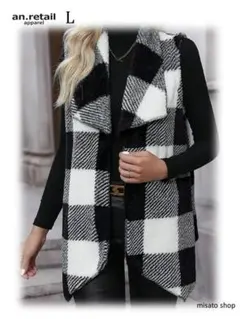 ★レディース ボア ジャケット 格子柄オープンフロントベスト ノースリーブ★