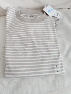 【未使用品】 ユニクロエアリズムコットンボーダーTシャツ ベージュ L