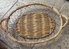 アンティーク　籐とワイヤーの楕円形バスケット