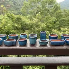 ミニ盆栽鉢 豆鉢 14点セット ブルー釉 多肉植物鉢 苔盆栽 ミニミニ鉢 陶器のサムネイル