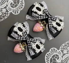 オーロラいちご♡はしごギンガムリボン❸ 黒　ブラック　ヘアクリップ 量産型