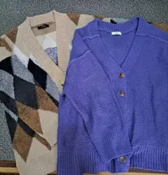 レディース　カーディガン　パープル　アーガイル　2セット