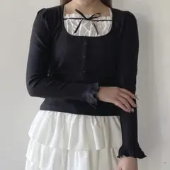 レイヤード風 カットソー フリル リボン ブラックのサムネイル