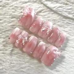 韓国風　ネイルチップ　チークネイル　マグネットフレンチ　バレエコア　蝶　リボン