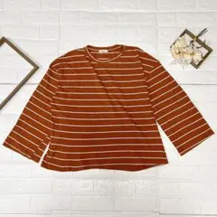 COMME CA ボーダー柄 八分袖 Tシャツ ブラウン L相当 カジュアル