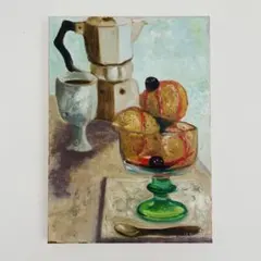 アイスクリームとコーヒーの静物油彩画 F4 絵画のサムネイル