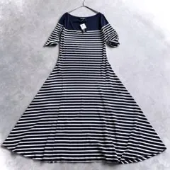 新品 ローレンラルフローレン ロングワンピース 半袖 QR ボーダー 紺 白 M